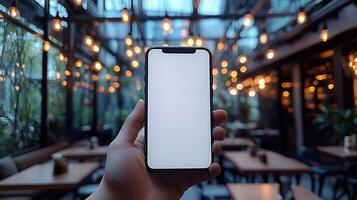Realistic hand holding a smartphone mockup with blank white screen, blurred cafe background, soft lighting, 3D rendering photo