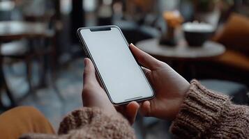 Realistic image of smartphone mockup with white blank screen, held by hand, blurred stylish cafe background, 3D rendering photo