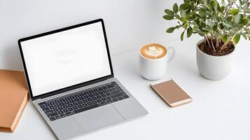Organized mockup workspace with laptop, tablet, smartphone, and coffee cup, bright daylight setting photo