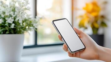 Finger interacting with smartphone mockup near window, soft natural light streaming in photo