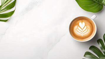 Top view of elegant workspace, mockup with gadgets and coffee cup on marble table photo