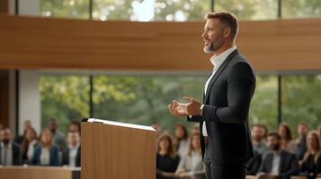 Inspiring CEO delivering a speech to a diverse group of employees in an open workspace, full body wide angle photo