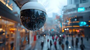 Smart CCTV system identifying individuals in a crowded shopping mall, efficient facial recognition photo