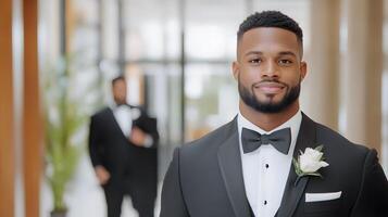 Groom posing in tailored tuxedo while best man adjusts the tie in a luxurious fitting room photo
