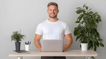 A professional using a standing desk for improved productivity while working remotely photo