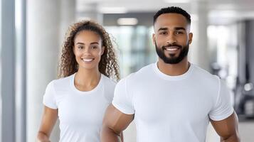 A fitness trainer guiding a client in a modern gym, vibrant and motivational atmosphere photo