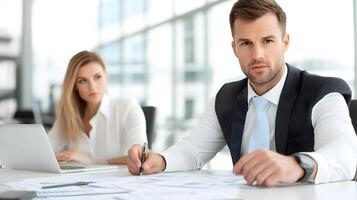 A professional financial advisor explaining charts and graphs to a couple in a modern office photo