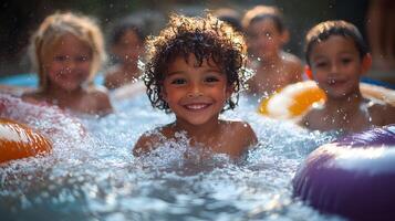 Kids splashing in swimming pool with inflatables during summer. photo