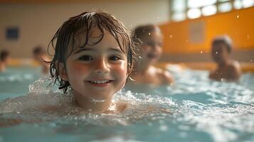 Kids splashing in swimming pool with inflatables during summer break photo
