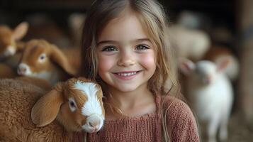 Kids enjoying a petting zoo visit with playful animals in the summer. photo