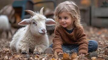 Kid enjoying a petting zoo visit with playful animals in the summer. photo