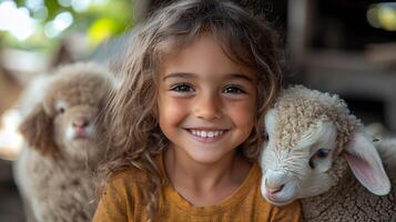Kids enjoying a petting zoo visit with playful animals in the summer photo