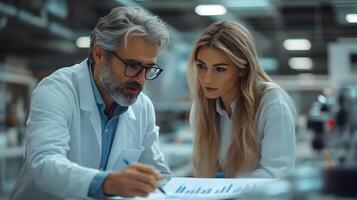 A modern business analysis scene with professionals discussing strategies in a sleek office setting photo