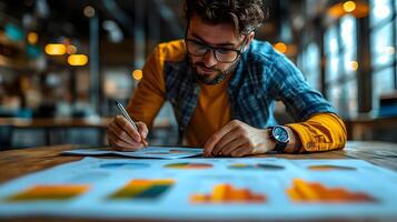 A close-up of hands working on financial reports and startup plans in a dynamic business environment photo