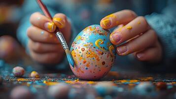 A close-up of a child painting beautiful design on an Easter egg, with paint splatters on the table photo
