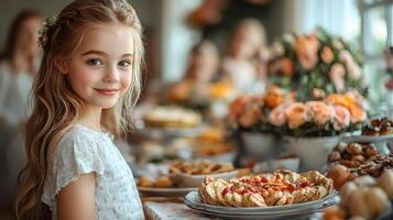 A family Easter brunch with an array of food, pastel tableware, and festive decor in a cozy setting photo