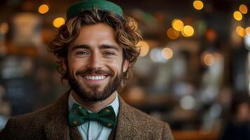 Smiling person wearing a green leprechaun costume with a bow tie and top hat in front of a festive background photo