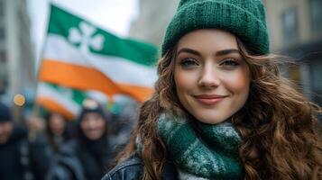 St Patricks Day parade with Irish flags, dancers, and people celebrating with joyful expressions photo
