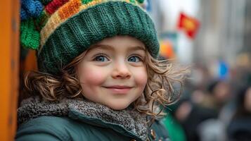Family-friendly St Patricks Day parade with children waving flags and enjoying the colorful display photo