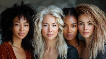 Portrait of multiracial group of women standing shoulder to shoulder with a bold and confident expression photo