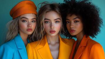Empowered women from different ethnicities standing together in a studio with bold colors and minimalistic styling photo