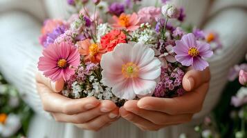 Feminine hands presenting mix of flowers on a clean white surface, creating a stylish and sophisticated aesthetic photo