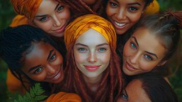 Women of different backgrounds forming a circle, symbolizing unity and shared strength photo