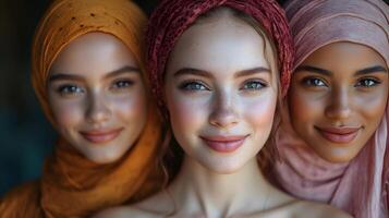 Women from different cultural background smiling and standing side by side in casual outfits, celebrating inclusivity photo