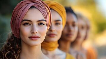 Modern image of women from various cultures standing together on a sunny day, representing unity and harmony. photo