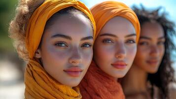 Modern women from various cultures standing together on a sunny day, representing unity and harmony photo