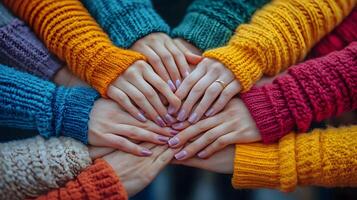 Hands of multiple women joining together in a stack, symbolizing teamwork and collaboration photo