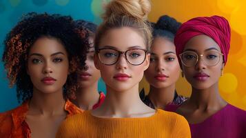 Group of diverse women standing confidently together in a vibrant outdoor setting, showcasing unity and strength. photo