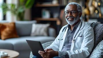 Patient using advanced telemedicine platform in comfortable home setting photo