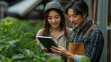 Farmers using AI-powered tablets to monitor soil health and crop growth in a modern farm setting photo