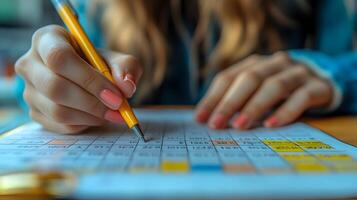 Young student marking important dates on calendar for efficient time management photo