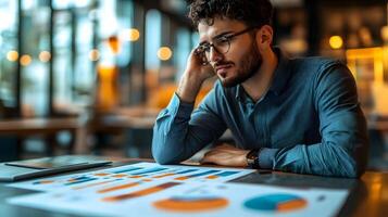 Analyst comparing operational metrics on a desk with a blurred data visualization chart photo