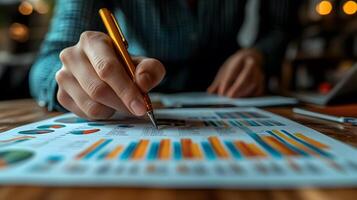 Professionals pointing to detailed charts and graphs during a brainstorming session photo