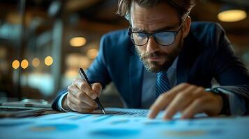 High-resolution scene of business analyst reviewing metrics with charts softly blurred photo