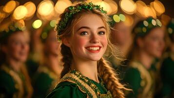 Irish dancers performing with joyful expressions in a lively cultural event photo