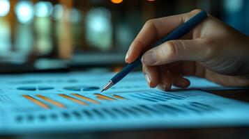 hands pointing at financial graphs during project meeting photo