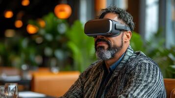 Professionals using VR headsets for advanced data visualization during project meeting. photo