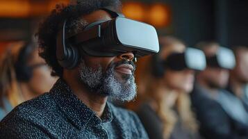 Professionals using VR headsets for advanced data visualization during project meeting photo