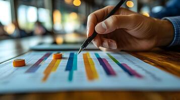 hands pointing at financial graphs during a project meeting photo