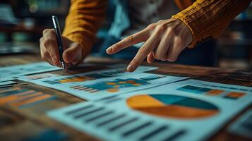 Close up of hands pointing at financial graphs during a project meeting. photo