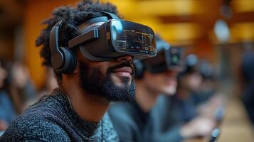 Professionals using VR headsets for advanced data visualization during a project meeting. photo