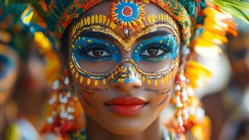 Sri Lankan traditional mask performance in an open cultural festival, colorful background with flags and people photo