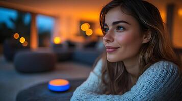 Connected living space with a woman using voice commands to regulate home features photo