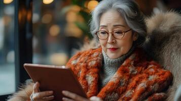 Senior woman using a smart tablet with AI-powered companion features in cozy home setting. photo