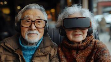 A clean visual of a senior couple using AI smart devices for communication and entertainment photo