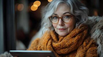 Senior woman using smart tablet with AI-powered companion features in a cozy home setting photo